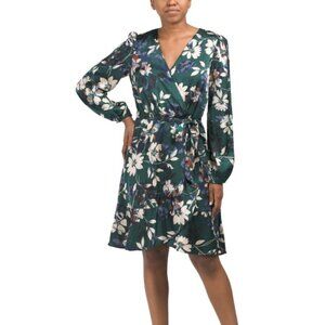 NICOLE MILLER NEW YORK Long Sleeve Floral Satin Wrap Midi Dress-Large-NWT